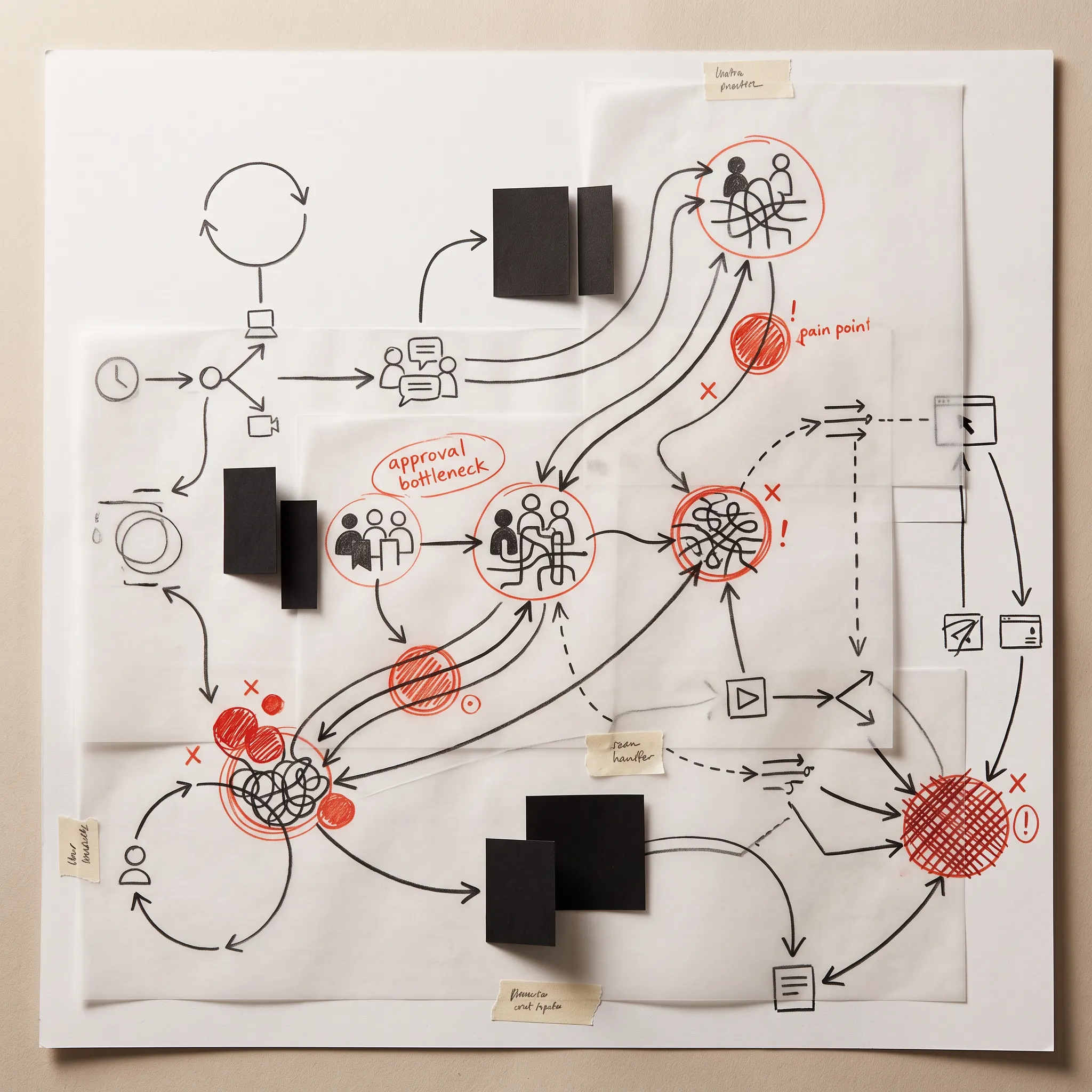 UX problem graph showing journeys, bottlenecks, handoffs, and decision points